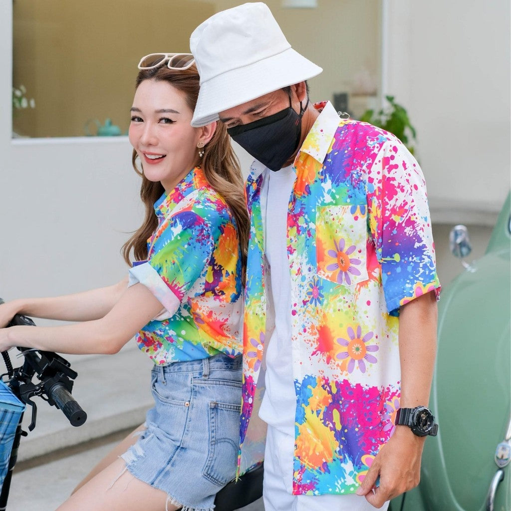 PINKเสื้อฮาวาย2025 สาดสี สีสด ทรงวัยรุ่น ใส่ได้หญิงชาย ผ้าโพลีเอสเตอร์ ใส่สบาย ผ้าไม่ยืดแนะนำเผื่อไซส์