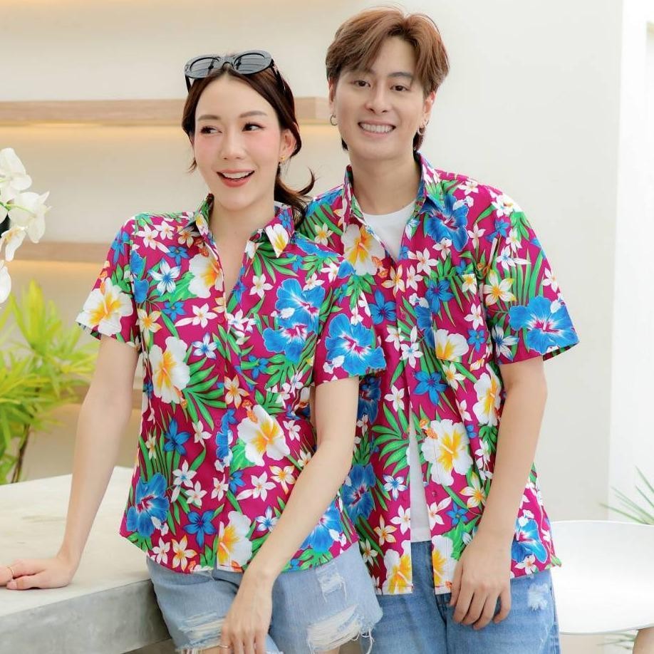 PINK06 เสื้อเชิ้ตลายดอก ผ้าคอตตอน100% สีไม่ตก ผ้าไม่หด ลายคมชัด มีไซส์หญิงชาย 34-56นิ้ว งานป้ายKTIER*1ตัว*