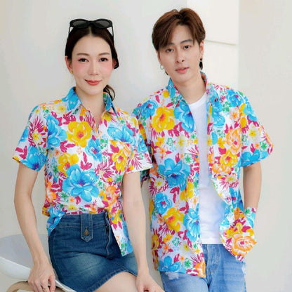 Pink011 เสื้อเชิ้ตลายดอก ผ้าคอตตอน100% สีไม่ตก ผ้าไม่หด ลายคมชัด มีไซส์หญิงชาย 34-56นิ้ว งานป้ายKTIER*1ตัว*