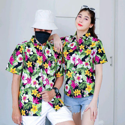 Pink04 เสื้อเชิ้ตลายดอก ผ้าคอตตอน100% สีไม่ตก ผ้าไม่หด ลายคมชัด มีไซส์หญิงชาย 34-54นิ้ว งานป้ายKTIER*1ตัว*
