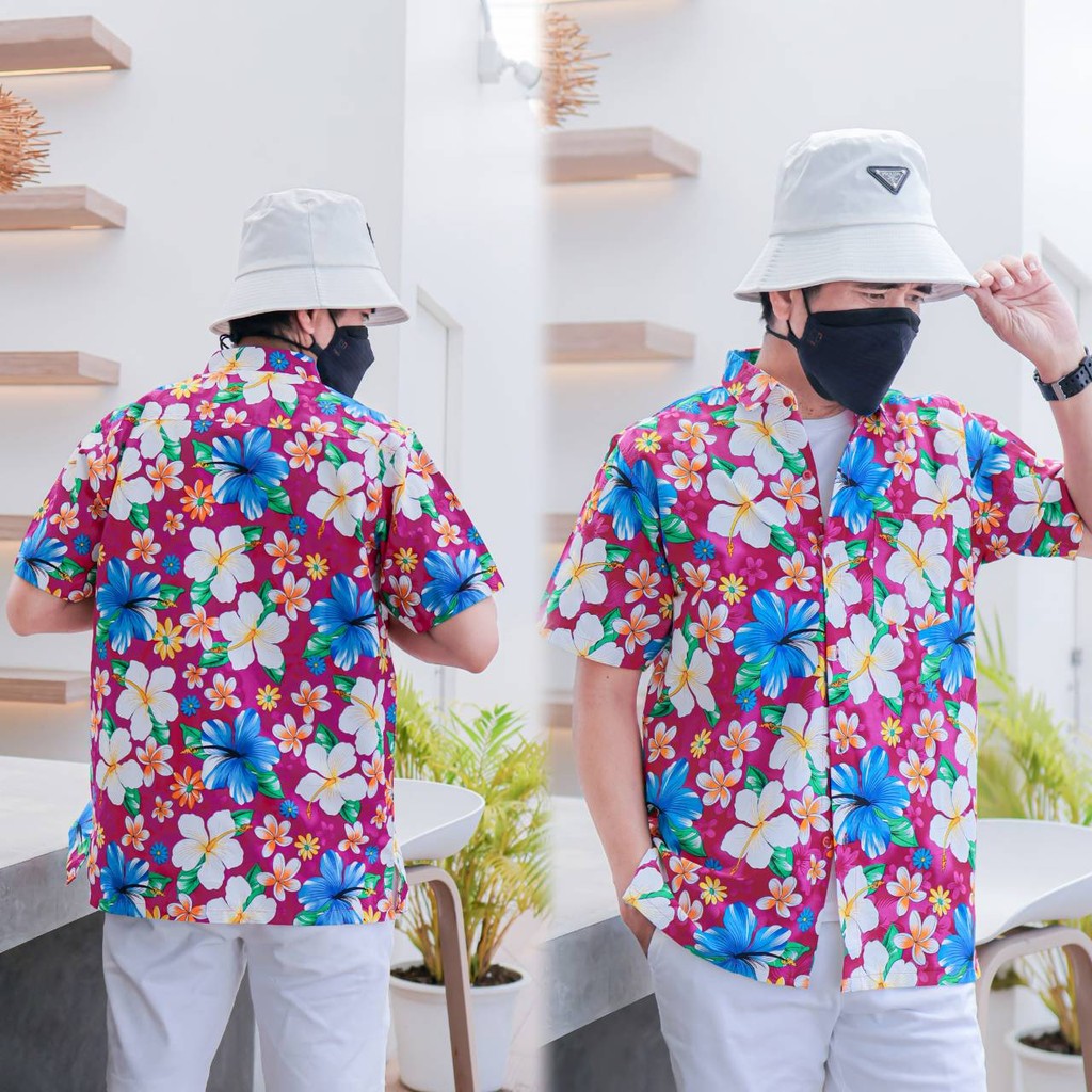 PINKเสื้อเชิ้ตลายดอกผู้ชาย ทรงตรง ผ้าคอตตอน100% สีไม่ตก ผ้าไม่หด ลายคมชัด งานป้าย