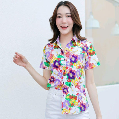 PINK026เสื้อเชิ้ตลายดอก ผ้าคอตตอน100% สีไม่ตก ผ้าไม่หด ไซส์หญิงชาย S-5XL งานป้ายKTIER**1ตัว**