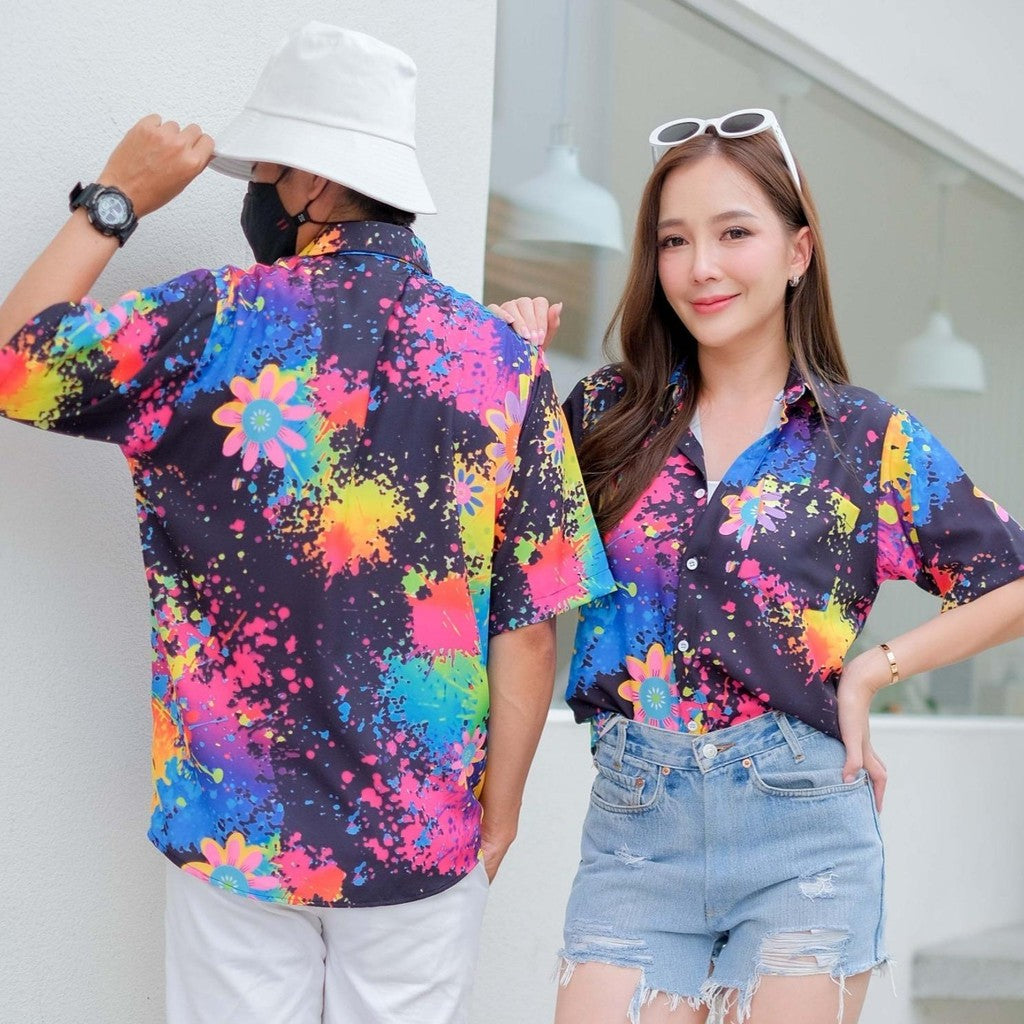 PINKเสื้อฮาวาย2025 สาดสี สีสด ทรงวัยรุ่น ใส่ได้หญิงชาย ผ้าโพลีเอสเตอร์ ใส่สบาย ผ้าไม่ยืดแนะนำเผื่อไซส์