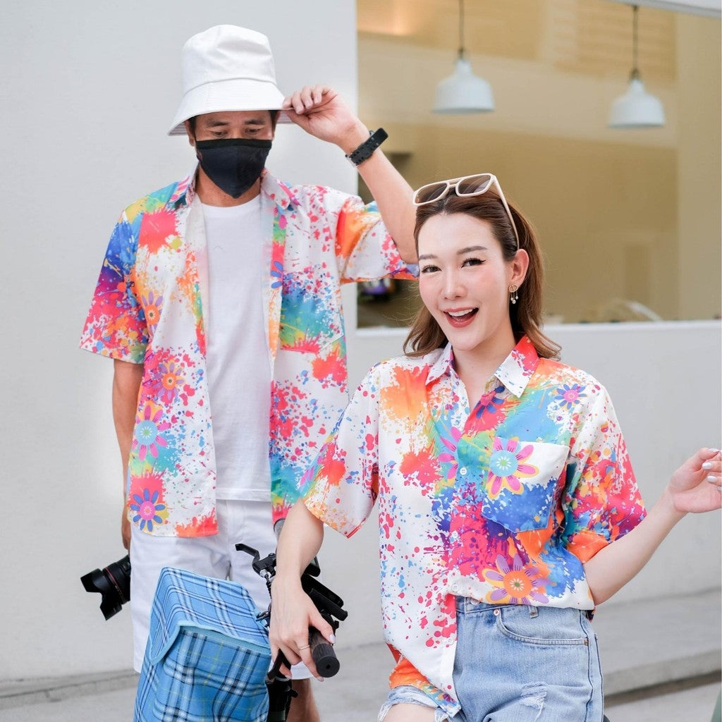 PINKเสื้อฮาวาย2025 สาดสี สีสด ทรงวัยรุ่น ใส่ได้หญิงชาย ผ้าโพลีเอสเตอร์ ใส่สบาย ผ้าไม่ยืดแนะนำเผื่อไซส์