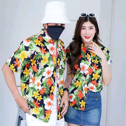 Pink04 เสื้อเชิ้ตลายดอก ผ้าคอตตอน100% สีไม่ตก ผ้าไม่หด ลายคมชัด มีไซส์หญิงชาย 34-54นิ้ว งานป้ายKTIER*1ตัว*