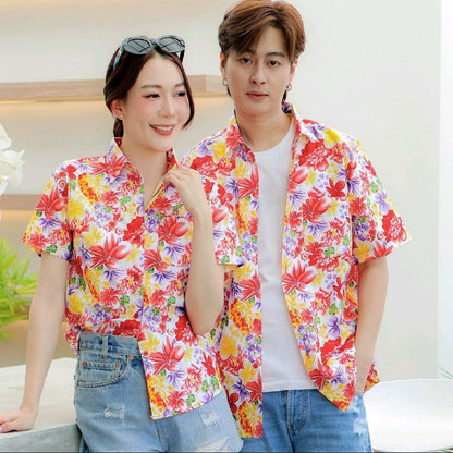 PINK013 เสื้อเชิ้ตลายดอก ผ้าคอตตอน100% สีไม่ตก ผ้าไม่หด ลายคมชัด มีไซส์หญิงชาย S-5XL งานป้าย KTIER*1ตัว*