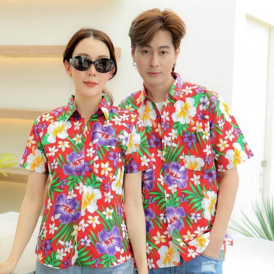 PINK06 เสื้อเชิ้ตลายดอก ผ้าคอตตอน100% สีไม่ตก ผ้าไม่หด ลายคมชัด มีไซส์หญิงชาย 34-56นิ้ว งานป้ายKTIER*1ตัว*