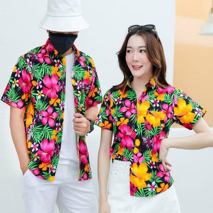 PINK024 เสื้อเชิ้ตลายดอกผ้าคอตตอน100% สีไม่ตก ผ้าไม่หด ลายคมชัด มีไซส์หญิงชาย S-5XL งานป้าย**1ตัว**