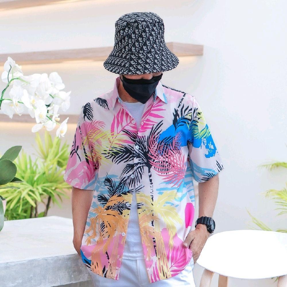 PINK3133 เสื้อฮาวาย สีสันสดใส ลายคมชัด ผ้าโพลีพรีเมี่ยม ไซส์เด็ก-ผู้ใหญ่8XL งานป้าย**1ตัว**