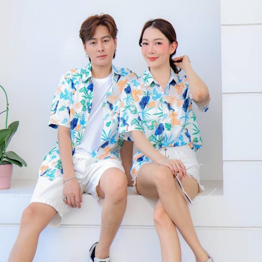 PINK109# เสื้อฮาวาย ทรงวัยรุ่น หญิงชายใส่ได้ ผ้าโพลีพรีเมี่ยม ไซส์เด็ก-ผู้ใหญ่ งานป้าย ลายคมชัด **1ตัว**