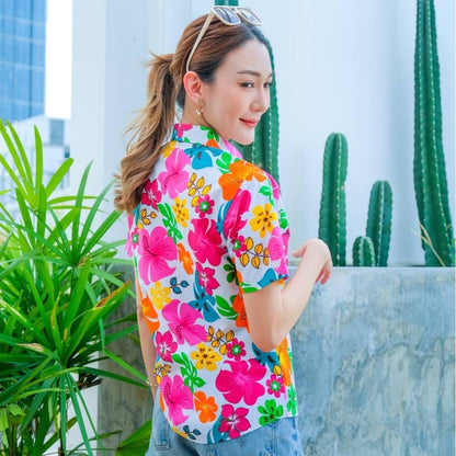 Pink02 เสื้อเชิ้ตลายดอก ผ้าคอตตอน100% สีไม่ตก ผ้าไม่หด มีไซส์หญิงชาย S-6XL งานป้ายKTIERออกแบบเอง*1ตัว*