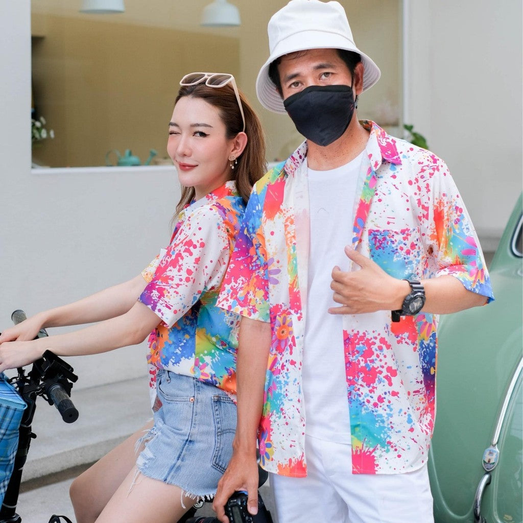 PINKเสื้อฮาวาย2025 สาดสี สีสด ทรงวัยรุ่น ใส่ได้หญิงชาย ผ้าโพลีเอสเตอร์ ใส่สบาย ผ้าไม่ยืดแนะนำเผื่อไซส์