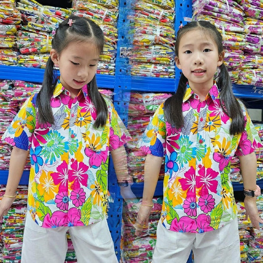 K06เสื้อสงกรานต์เด็กลายดอก ผ้าคอตตอน100% ลายคมชัดสีไม่ตก