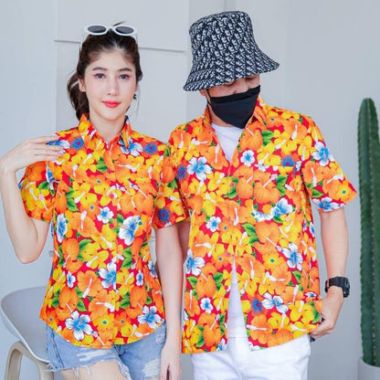 PINK016 เสื้อเชิ้ตลายดอก ผ้าคอตตอน100% สีไม่ตก ผ้าไม่หด ลายคมชัด มีไซส์หญิงชาย S-5XL งานป้ายKTIER*1ตัว*