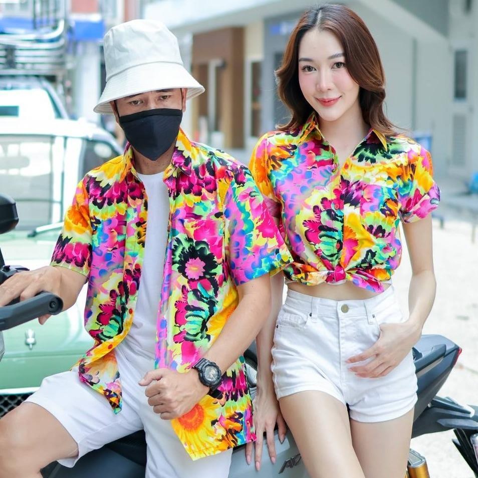PING032เสื้อเชิ้ตลายมัดย้อม ผ้าคอตตอน100% สีไม่ตก ผ้าไม่หด ลายคมชัด มีไซส์หญิงชาย S-5XL งานป้าย**1ตัว**