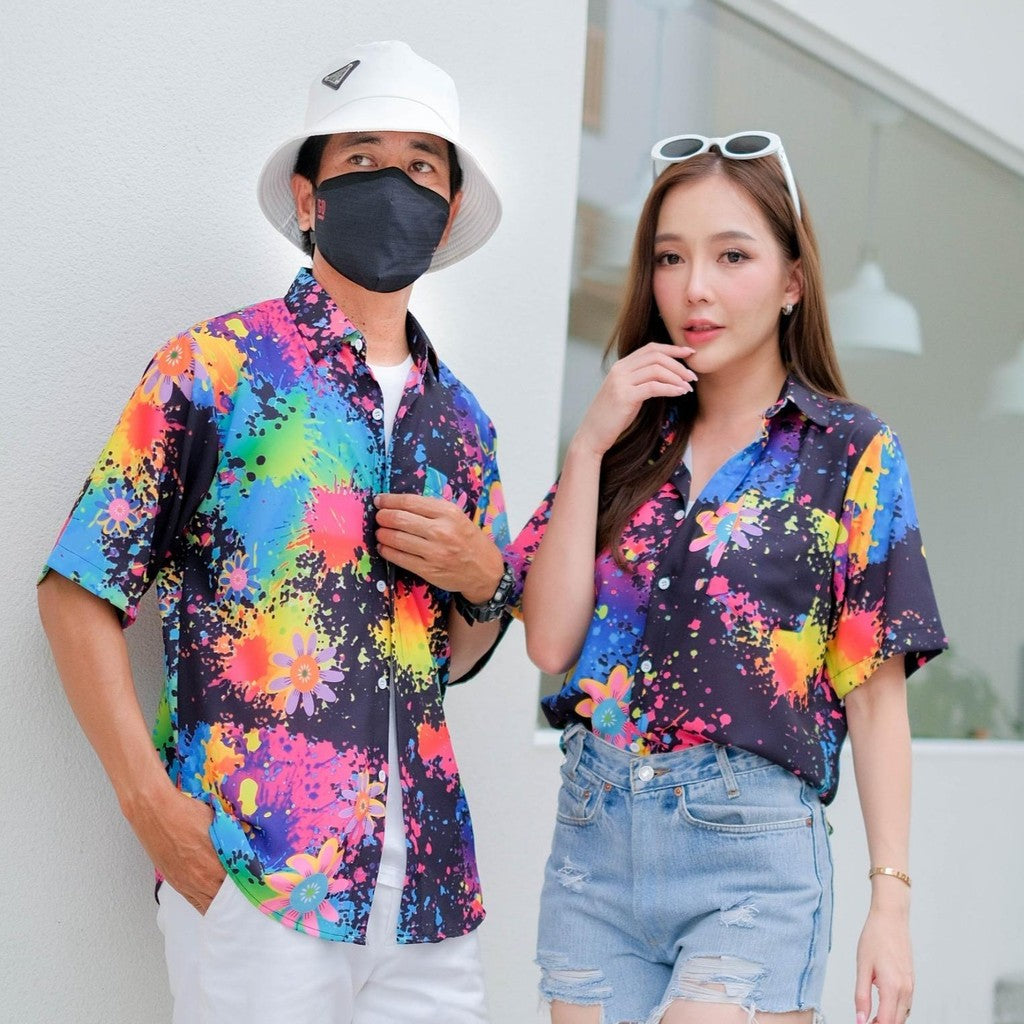 PINKเสื้อฮาวาย2025 สาดสี สีสด ทรงวัยรุ่น ใส่ได้หญิงชาย ผ้าโพลีเอสเตอร์ ใส่สบาย ผ้าไม่ยืดแนะนำเผื่อไซส์