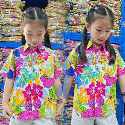 K06เสื้อสงกรานต์เด็กลายดอก ผ้าคอตตอน100% ลายคมชัดสีไม่ตก