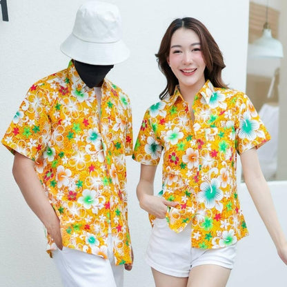 PING020เสื้อเชิ้ตลายดอกผ้าคอตตอน100% สีไม่ตก ผ้าไม่หด ลายคมชัด ไซส์หญิงชาย S-5XL งานป้าย**1ตัว**
