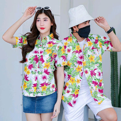 Pink04 เสื้อเชิ้ตลายดอก ผ้าคอตตอน100% สีไม่ตก ผ้าไม่หด ลายคมชัด มีไซส์หญิงชาย 34-54นิ้ว งานป้ายKTIER*1ตัว*