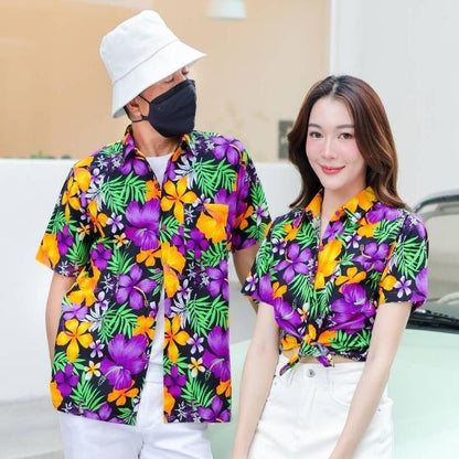PINK024 เสื้อเชิ้ตลายดอกผ้าคอตตอน100% สีไม่ตก ผ้าไม่หด ลายคมชัด มีไซส์หญิงชาย S-5XL งานป้าย**1ตัว**