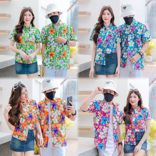 PINK018 เสื้อเชิ้ตลายดอก ผ้าคอตตอน100% สีไม่ตก ผ้าไม่หด ลายคมชัด มีไซส์หญิงชาย S-5XL งานป้ายKTIER*1ตัว*