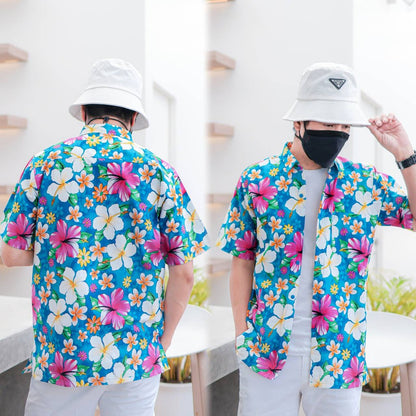 PINKเสื้อเชิ้ตลายดอกผู้ชาย ทรงตรง ผ้าคอตตอน100% สีไม่ตก ผ้าไม่หด ลายคมชัด งานป้าย