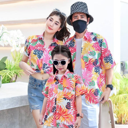 PINK3901# เสื้อฮาวาย ทรงวัยรุ่น หญิงชายใส่ได้ ผ้าโพลีพรีเมี่ยม ไซส์เด็ก-ผู้ใหญ่ งานป้าย ลายคมชัด **1ตัว**