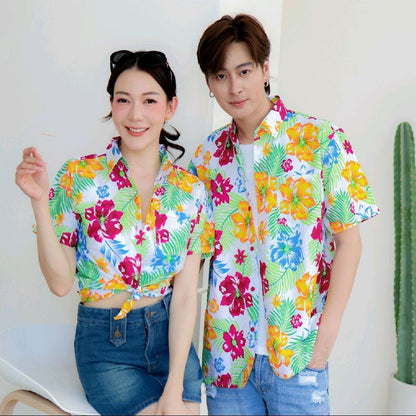 PINK017 เสื้อเชิ้ตลายดอก ผ้าคอตตอน100% สีไม่ตก ผ้าไม่หด ลายคมชัด มีไซส์หญิงชาย S-5XL  งาน   ป้ายKTIER*1ตัว*