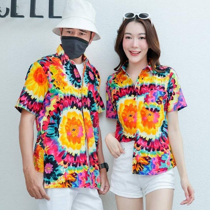 PING032เสื้อเชิ้ตลายมัดย้อม ผ้าคอตตอน100% สีไม่ตก ผ้าไม่หด ลายคมชัด มีไซส์หญิงชาย S-5XL งานป้าย**1ตัว**