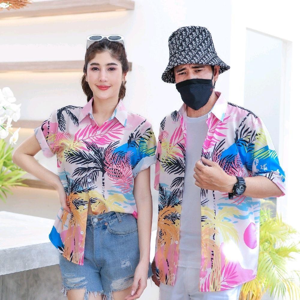 PINK3133 เสื้อฮาวาย สีสันสดใส ลายคมชัด ผ้าโพลีพรีเมี่ยม ไซส์เด็ก-ผู้ใหญ่8XL งานป้าย**1ตัว**