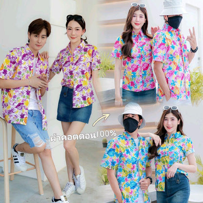 PINK013 เสื้อเชิ้ตลายดอก ผ้าคอตตอน100% สีไม่ตก ผ้าไม่หด ลายคมชัด มีไซส์หญิงชาย S-5XL งานป้าย KTIER*1ตัว*