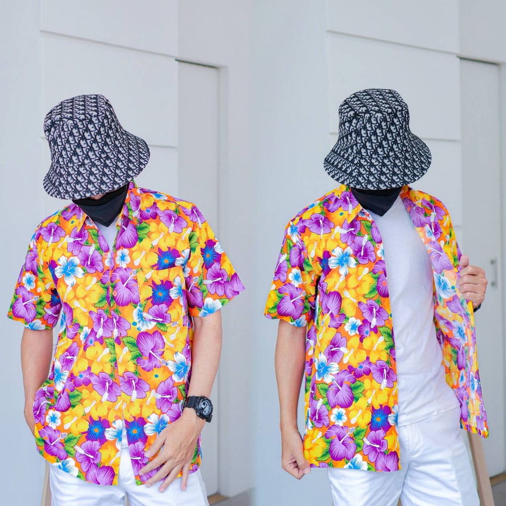 PINKเสื้อเชิ้ตลายดอกผู้ชาย ทรงตรง ผ้าคอตตอน100% สีไม่ตก ผ้าไม่หด ลายคมชัด งานป้าย