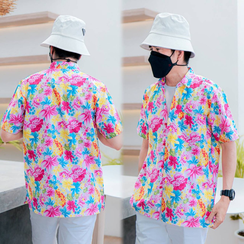 PINKเสื้อเชิ้ตลายดอกผู้ชาย ทรงตรง ผ้าคอตตอน100% สีไม่ตก ผ้าไม่หด ลายคมชัด งานป้าย