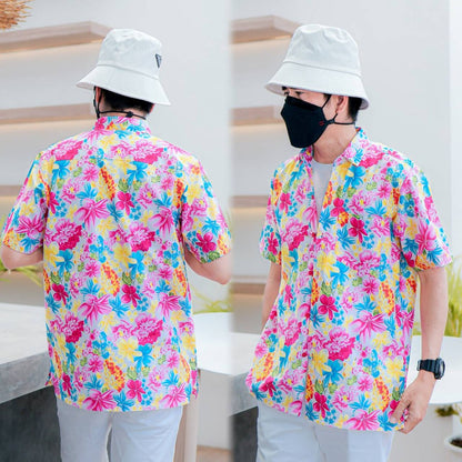 PINKเสื้อเชิ้ตลายดอกผู้ชาย ทรงตรง ผ้าคอตตอน100% สีไม่ตก ผ้าไม่หด ลายคมชัด งานป้าย