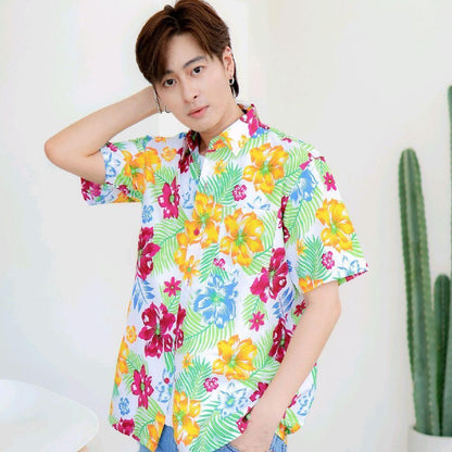 PINK017 เสื้อเชิ้ตลายดอก ผ้าคอตตอน100% สีไม่ตก ผ้าไม่หด ลายคมชัด มีไซส์หญิงชาย S-5XL  งาน   ป้ายKTIER*1ตัว*