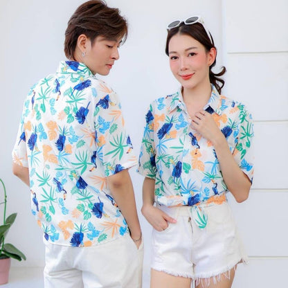 PINK109# เสื้อฮาวาย ทรงวัยรุ่น หญิงชายใส่ได้ ผ้าโพลีพรีเมี่ยม ไซส์เด็ก-ผู้ใหญ่ งานป้าย ลายคมชัด **1ตัว**