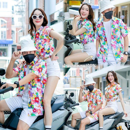 PINK026เสื้อเชิ้ตลายดอก ผ้าคอตตอน100% สีไม่ตก ผ้าไม่หด ไซส์หญิงชาย S-5XL งานป้ายKTIER**1ตัว**