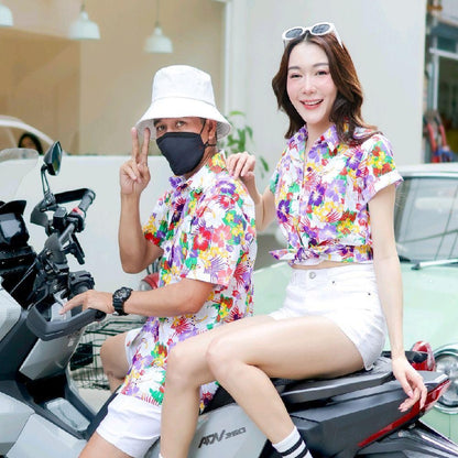 PINK026เสื้อเชิ้ตลายดอก ผ้าคอตตอน100% สีไม่ตก ผ้าไม่หด ไซส์หญิงชาย S-5XL งานป้ายKTIER**1ตัว**
