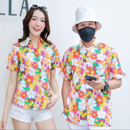 PINK026เสื้อเชิ้ตลายดอก ผ้าคอตตอน100% สีไม่ตก ผ้าไม่หด ไซส์หญิงชาย S-5XL งานป้ายKTIER**1ตัว**