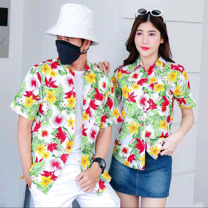 Pink04 เสื้อเชิ้ตลายดอก ผ้าคอตตอน100% สีไม่ตก ผ้าไม่หด ลายคมชัด มีไซส์หญิงชาย 34-54นิ้ว งานป้ายKTIER*1ตัว*