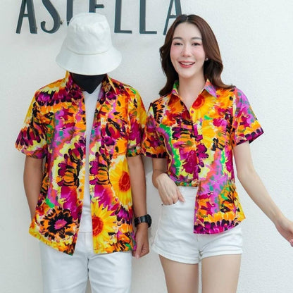 PING032เสื้อเชิ้ตลายมัดย้อม ผ้าคอตตอน100% สีไม่ตก ผ้าไม่หด ลายคมชัด มีไซส์หญิงชาย S-5XL งานป้าย**1ตัว**