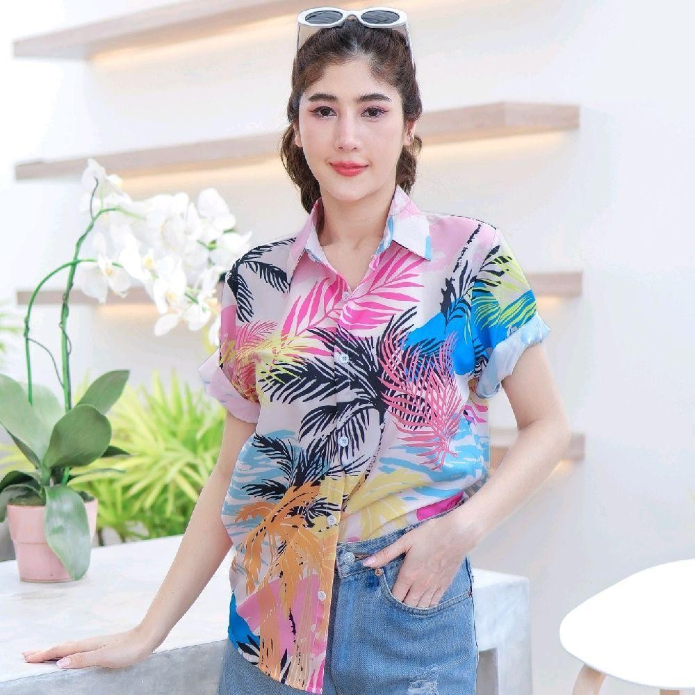 PINK3133 เสื้อฮาวาย สีสันสดใส ลายคมชัด ผ้าโพลีพรีเมี่ยม ไซส์เด็ก-ผู้ใหญ่8XL งานป้าย**1ตัว**