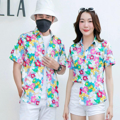 PINK026เสื้อเชิ้ตลายดอก ผ้าคอตตอน100% สีไม่ตก ผ้าไม่หด ไซส์หญิงชาย S-5XL งานป้ายKTIER**1ตัว**