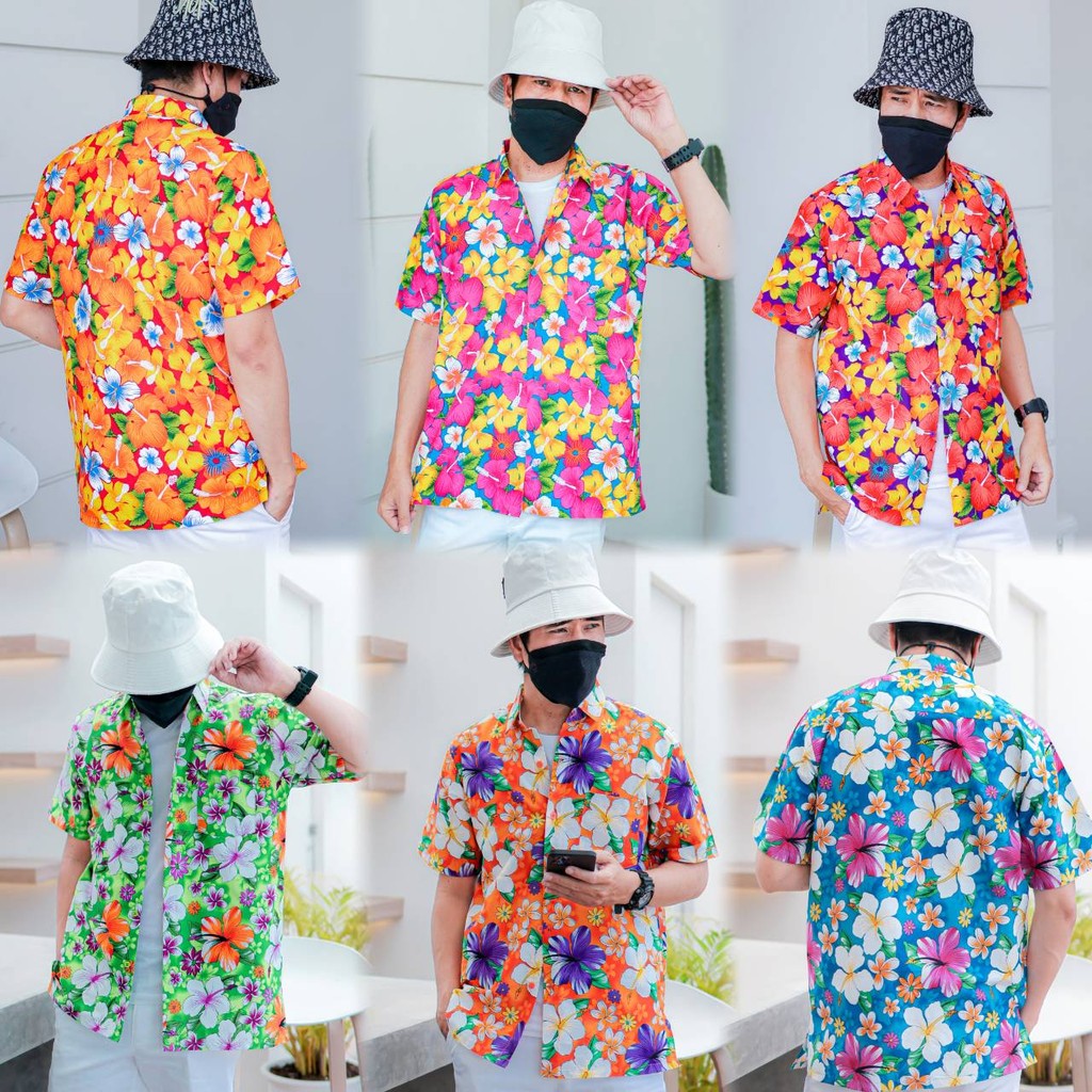 PINKเสื้อเชิ้ตลายดอกผู้ชาย ทรงตรง ผ้าคอตตอน100% สีไม่ตก ผ้าไม่หด ลายคมชัด งานป้าย