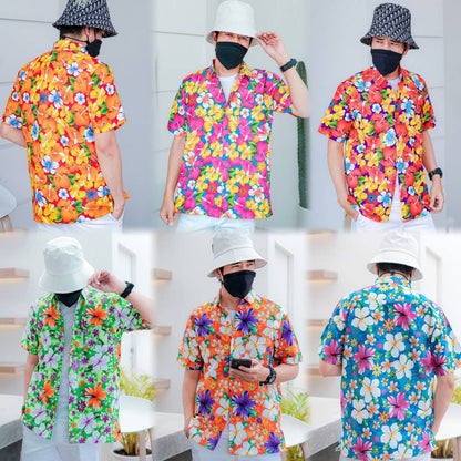 PINKเสื้อเชิ้ตลายดอกผู้ชาย ทรงตรง ผ้าคอตตอน100% สีไม่ตก ผ้าไม่หด ลายคมชัด งานป้าย