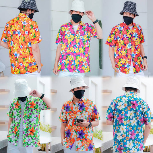 PINKเสื้อเชิ้ตลายดอกผู้ชาย ทรงตรง ผ้าคอตตอน100% สีไม่ตก ผ้าไม่หด ลายคมชัด งานป้าย