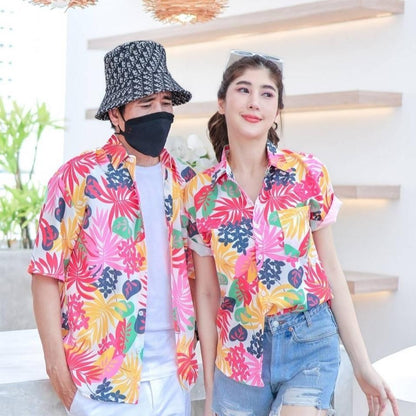 PINK3901# เสื้อฮาวาย ทรงวัยรุ่น หญิงชายใส่ได้ ผ้าโพลีพรีเมี่ยม ไซส์เด็ก-ผู้ใหญ่ งานป้าย ลายคมชัด **1ตัว**