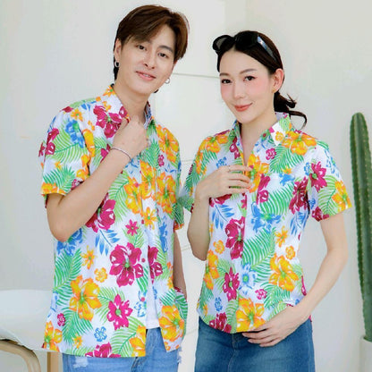 PINK017 เสื้อเชิ้ตลายดอก ผ้าคอตตอน100% สีไม่ตก ผ้าไม่หด ลายคมชัด มีไซส์หญิงชาย S-5XL  งาน   ป้ายKTIER*1ตัว*
