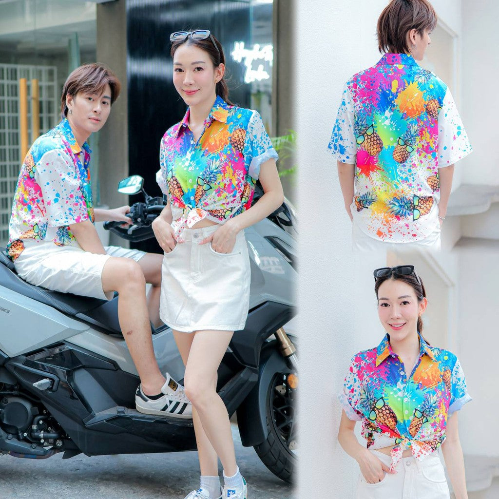 PINKเสื้อฮาวาย2025 สาดสี สีสด ทรงวัยรุ่น ใส่ได้หญิงชาย ผ้าโพลีเอสเตอร์ ใส่สบาย ผ้าไม่ยืดแนะนำเผื่อไซส์