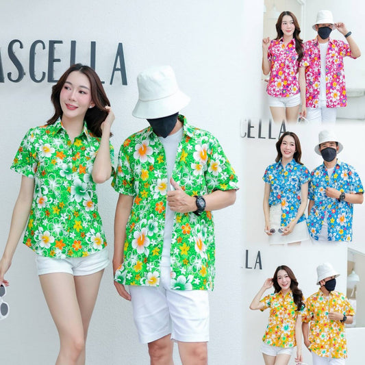 PING020เสื้อเชิ้ตลายดอกผ้าคอตตอน100% สีไม่ตก ผ้าไม่หด ลายคมชัด ไซส์หญิงชาย S-5XL งานป้าย**1ตัว**